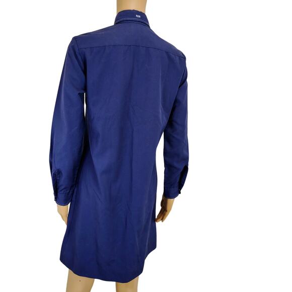 70s Blue Button Down Shirt Dress Wing Tip Collar Seam Button Cuffed Sleeve SZ S - Picture 2 of 5